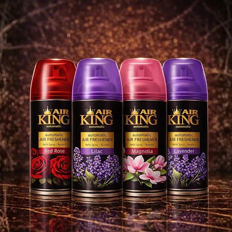 Set of 4 ZEIRA ambient spray bottles with scents of red rose, lilac, magnolia, and lavender, displayed in elegant packaging.