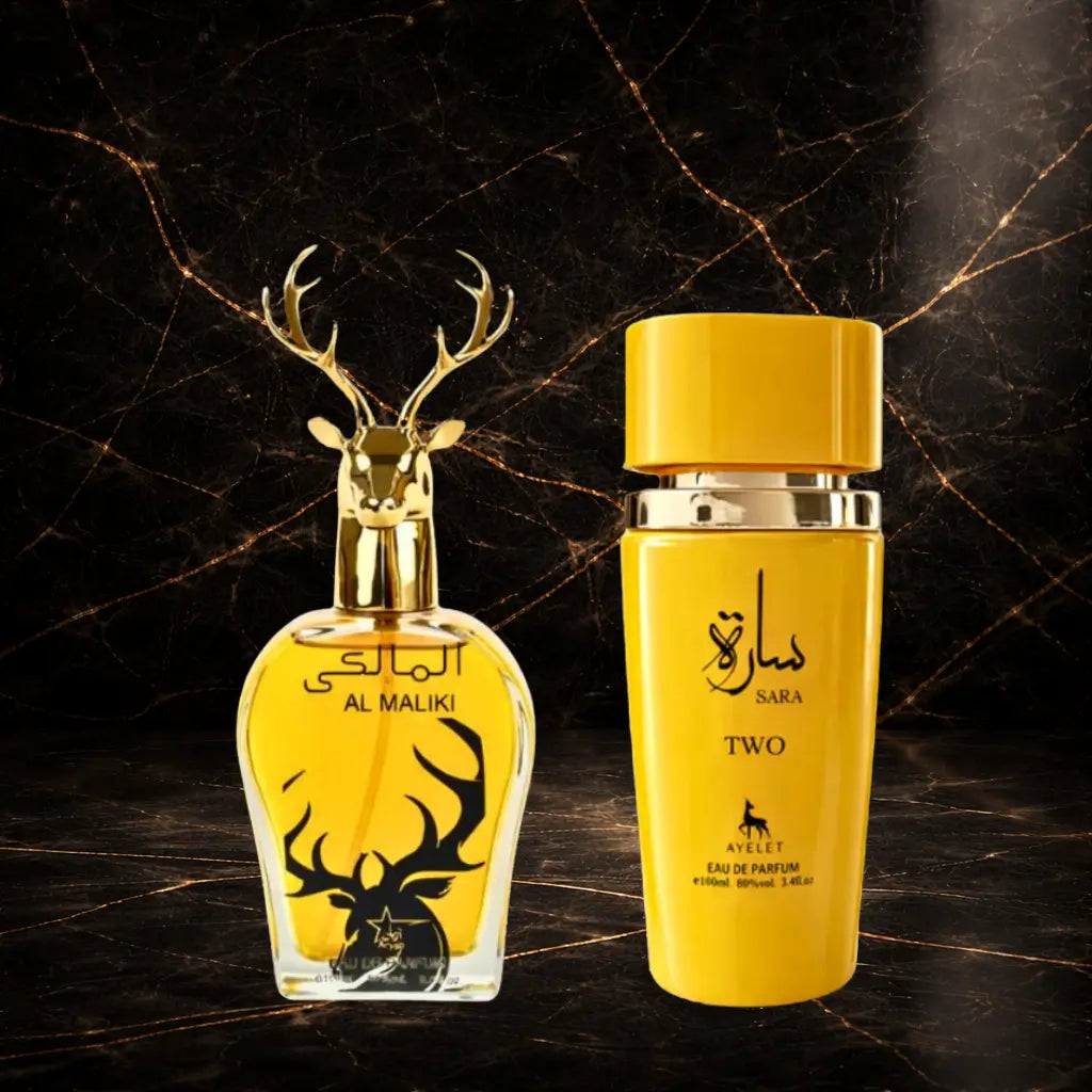 Set of two oriental perfumes for women and men by ZEIRA, featuring Sara Two and Al Maliki, displayed in elegant bottles.