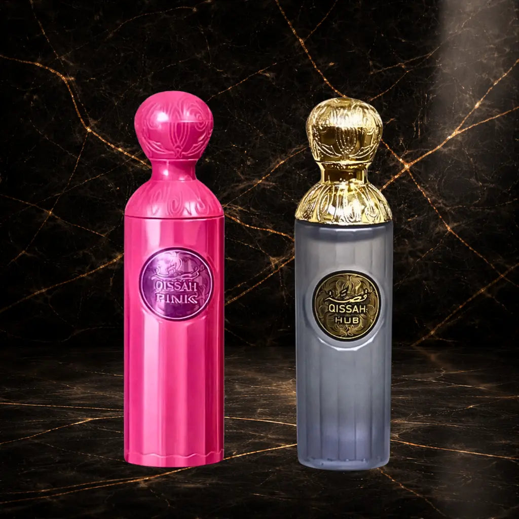 Set of two oriental perfumes by ZEIRA featuring Qissah Pink and Qissah Grey for women and men, displayed in elegant bottles.