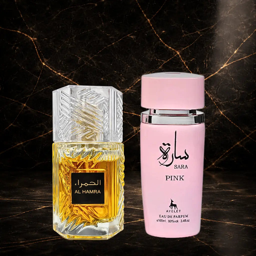 Set of two ZEIRA oriental perfumes for women and men, featuring Sara Pink and Al Hamra Royal bottles on a neutral background.