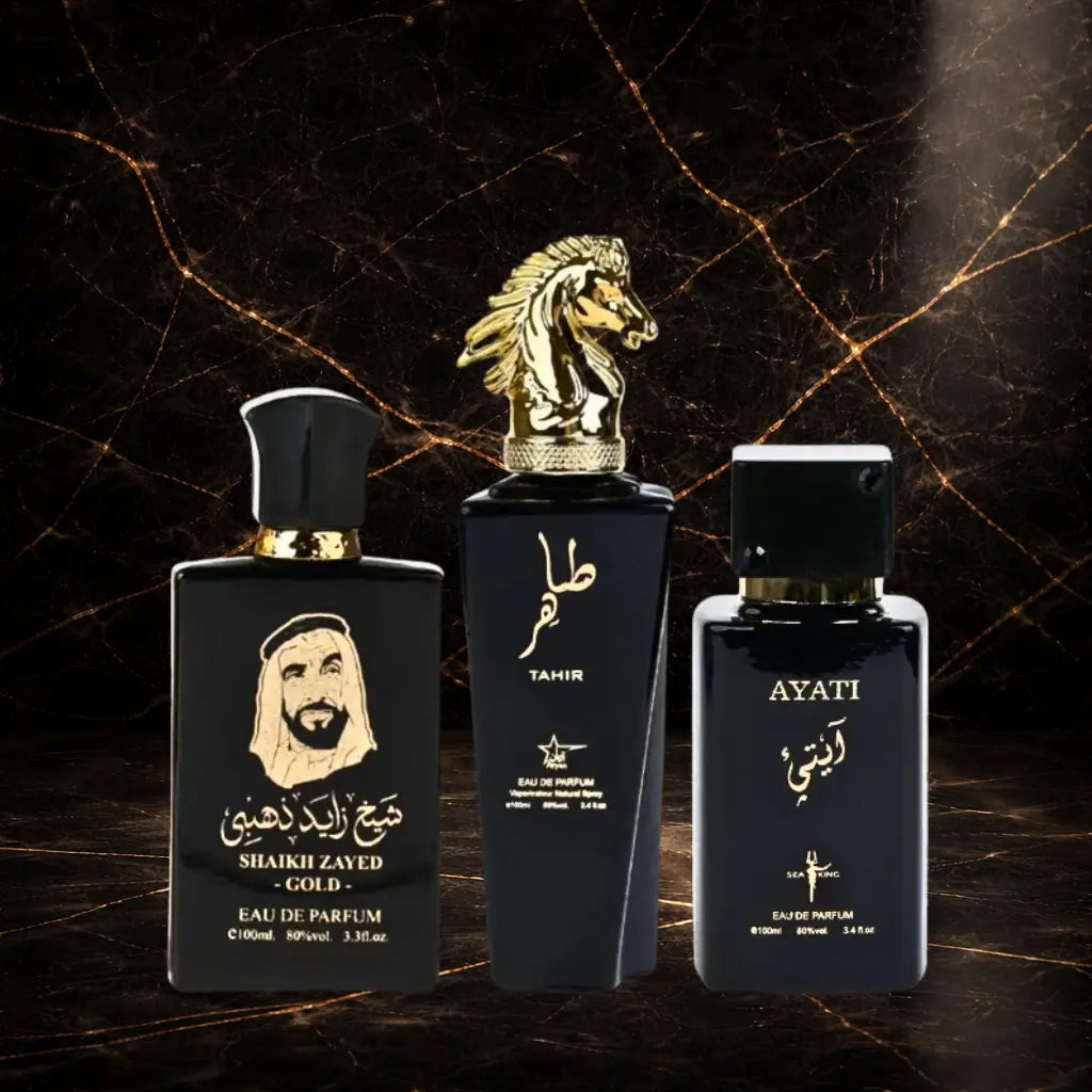 Set of three oriental men's perfumes by ZEIRA featuring Sheikh Zayed Gold, Tahir, and Ayati bottles with intricate designs.