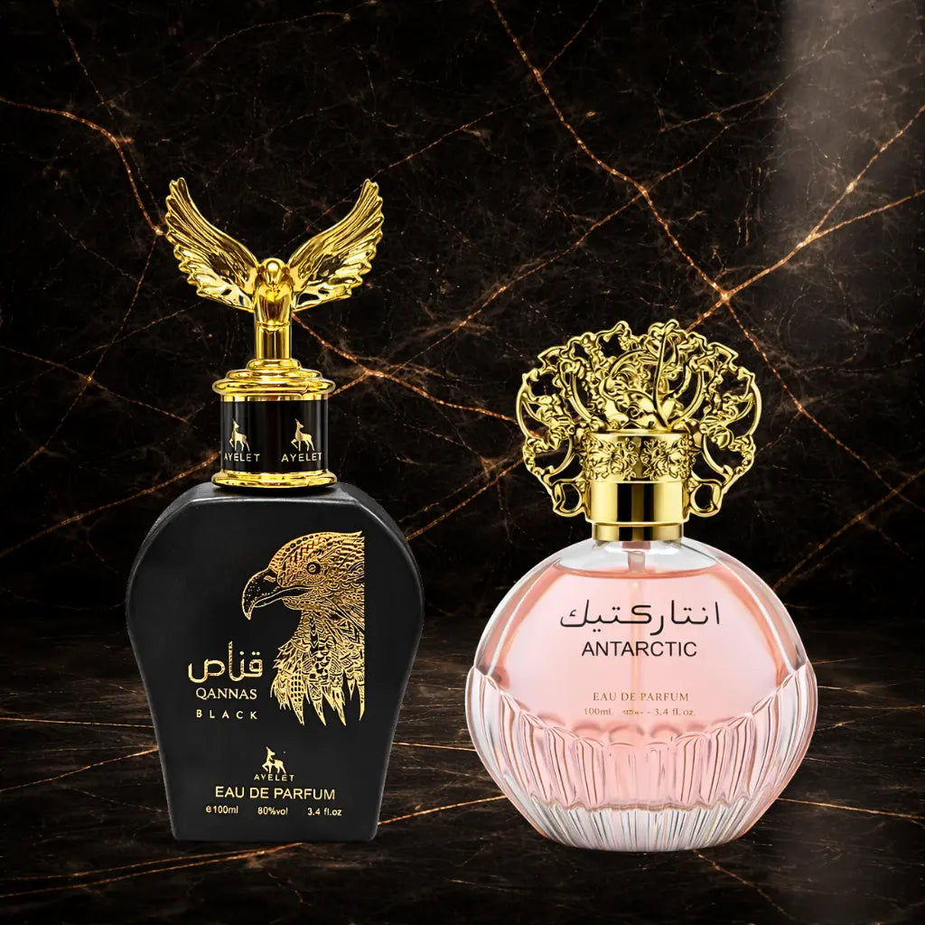 Set of two oriental perfumes for women and men by ZEIRA, featuring Qannas Black and Antarctic Pink in elegant bottles.