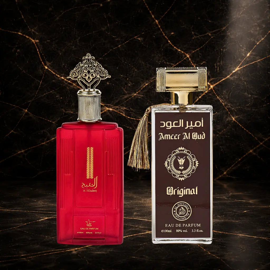Set of two original ZEIRA oriental perfumes for women and men, featuring Al Khaleej and Ameer Al Oud bottles.