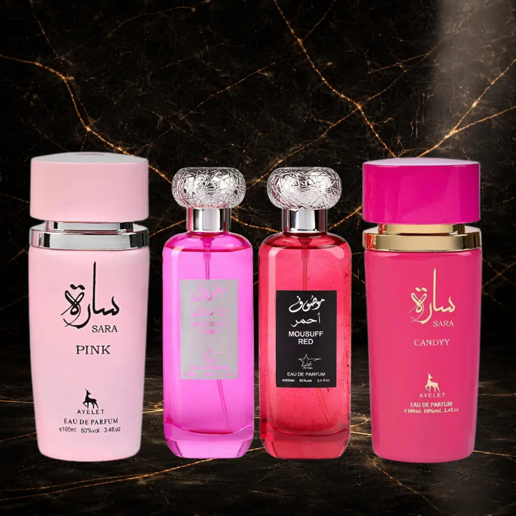Set 4 Parfumuri Orientale Dama – Sara Pink + Mousuff Pink + Mousuff Red + Sara Candy
