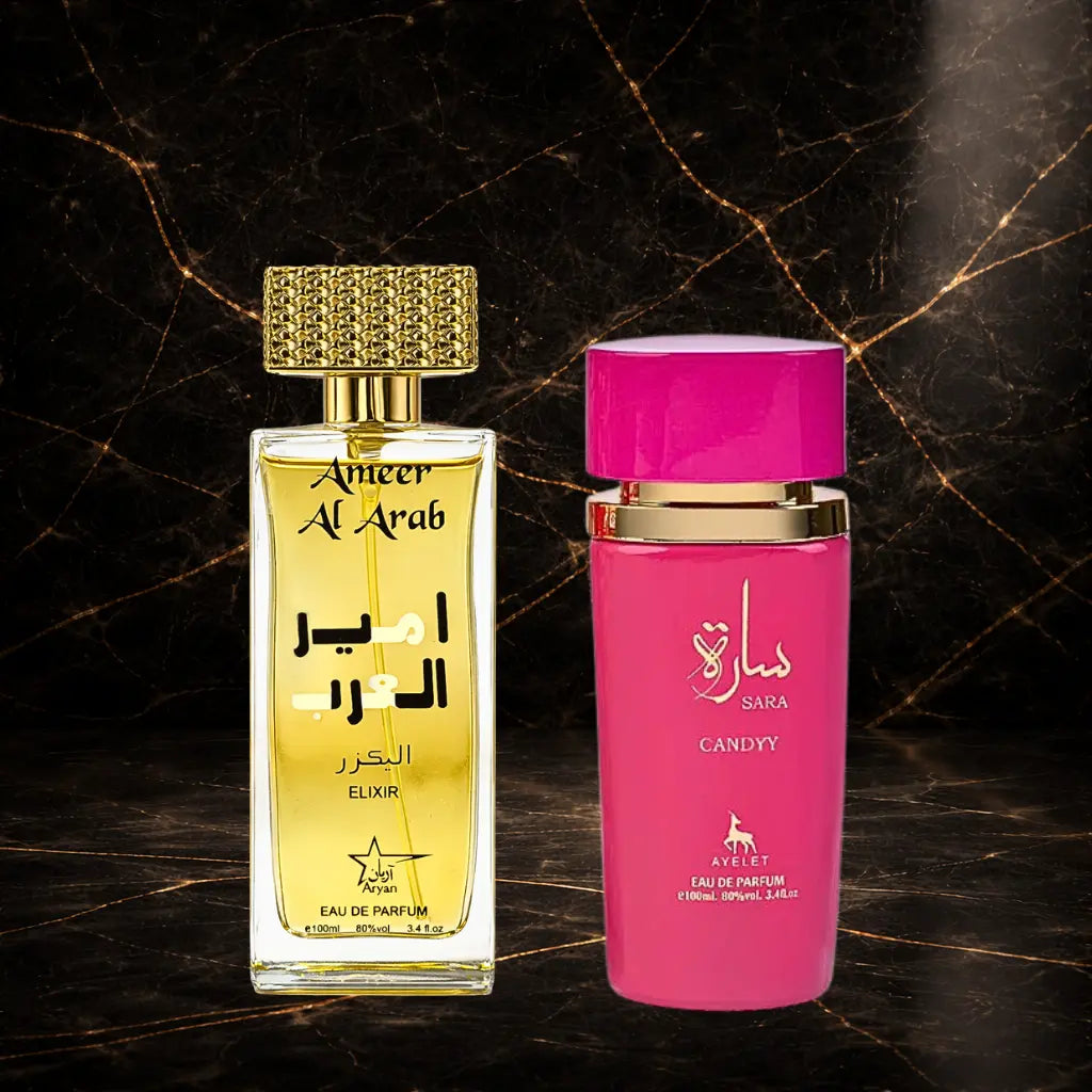 Set of two oriental perfumes for women and men by ZEIRA, featuring Sara Candy and Ameer Al Arab Elixir.