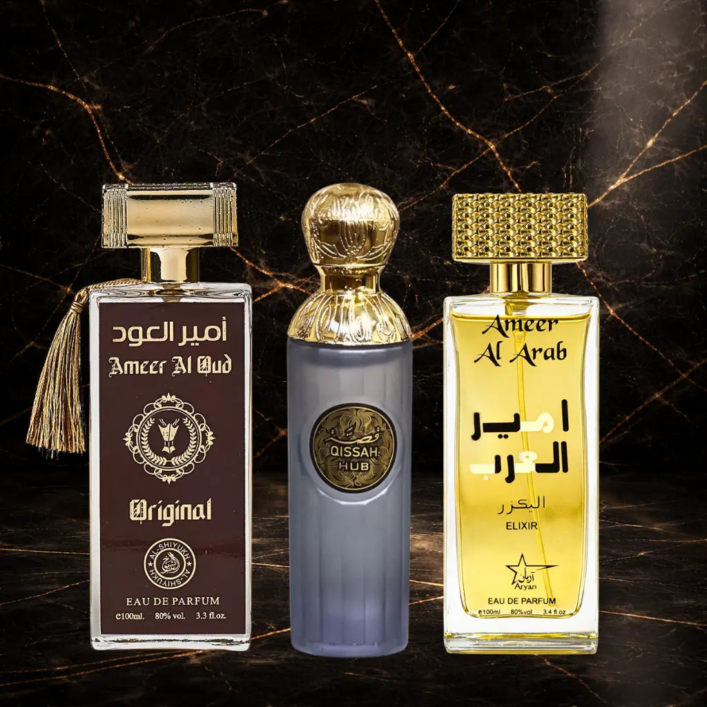 Set of three oriental men's perfumes by ZEIRA including Ameer Al Oud, Qissah Grey, and Ameer Al Arab Elixir, displayed in bottles.