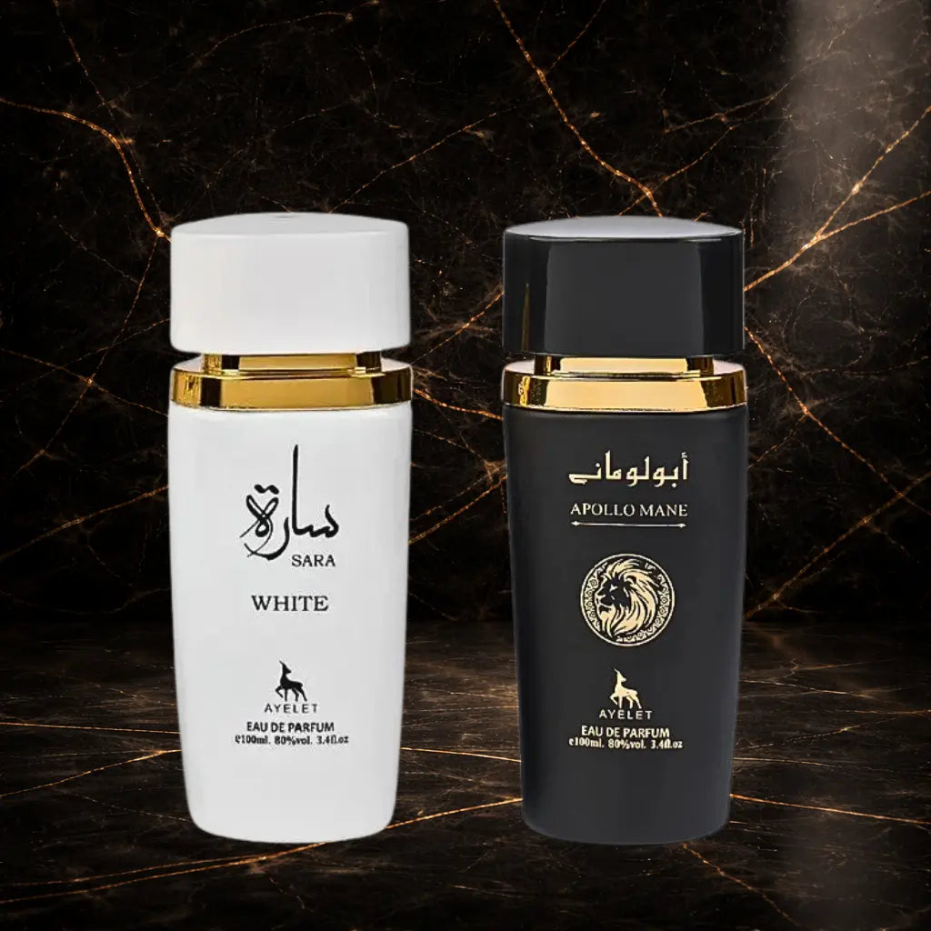 Set of two ZEIRA oriental perfumes for women and men, featuring Sara White and Apollo Mane Black bottles.