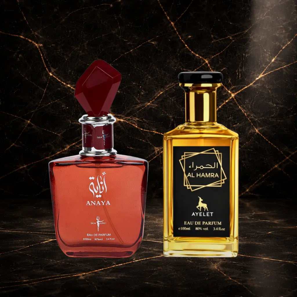 Set of two oriental perfumes for women and men by ZEIRA, featuring Anaya and Al Hamra fragrance bottles.