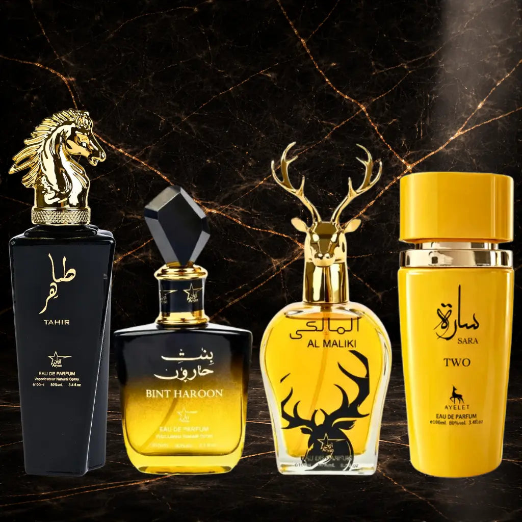 Set of four ZEIRA oriental perfumes including two for women and two for men, featuring Tahir, Bint Haroon, Sara Two, and Maliki.