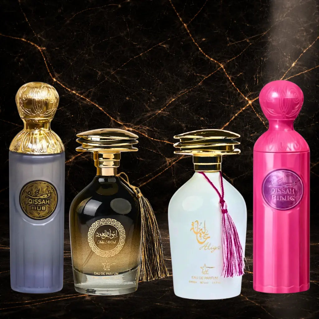 Set of four ZEIRA oriental perfumes including Qissah Grey, Ibda Al Oud, Aliya, and Qissah Pink for women and men.