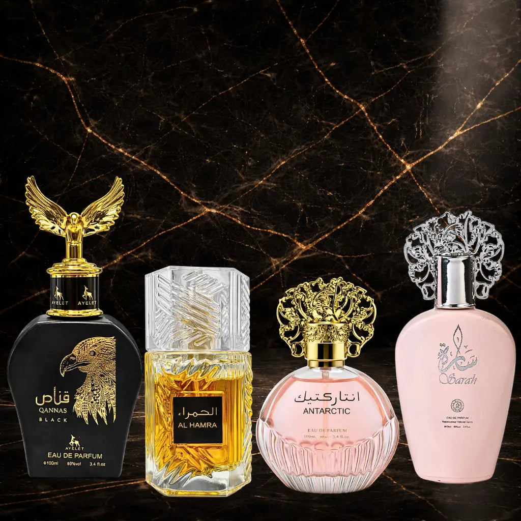 Set 4 Parfumuri Orientale (2x Dama + 2x Barbat) - Qannas Black + Al Hamra + Antarctic Pink + Sarah