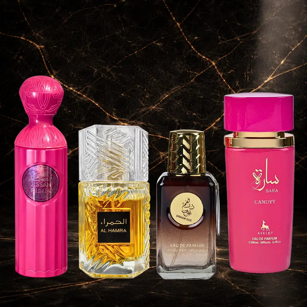 Set 4 Parfumuri Orientale (2x Dama + 2x Barbat) - Qissah Pink + Al Hamra + Dirham Oud + Sara Candy