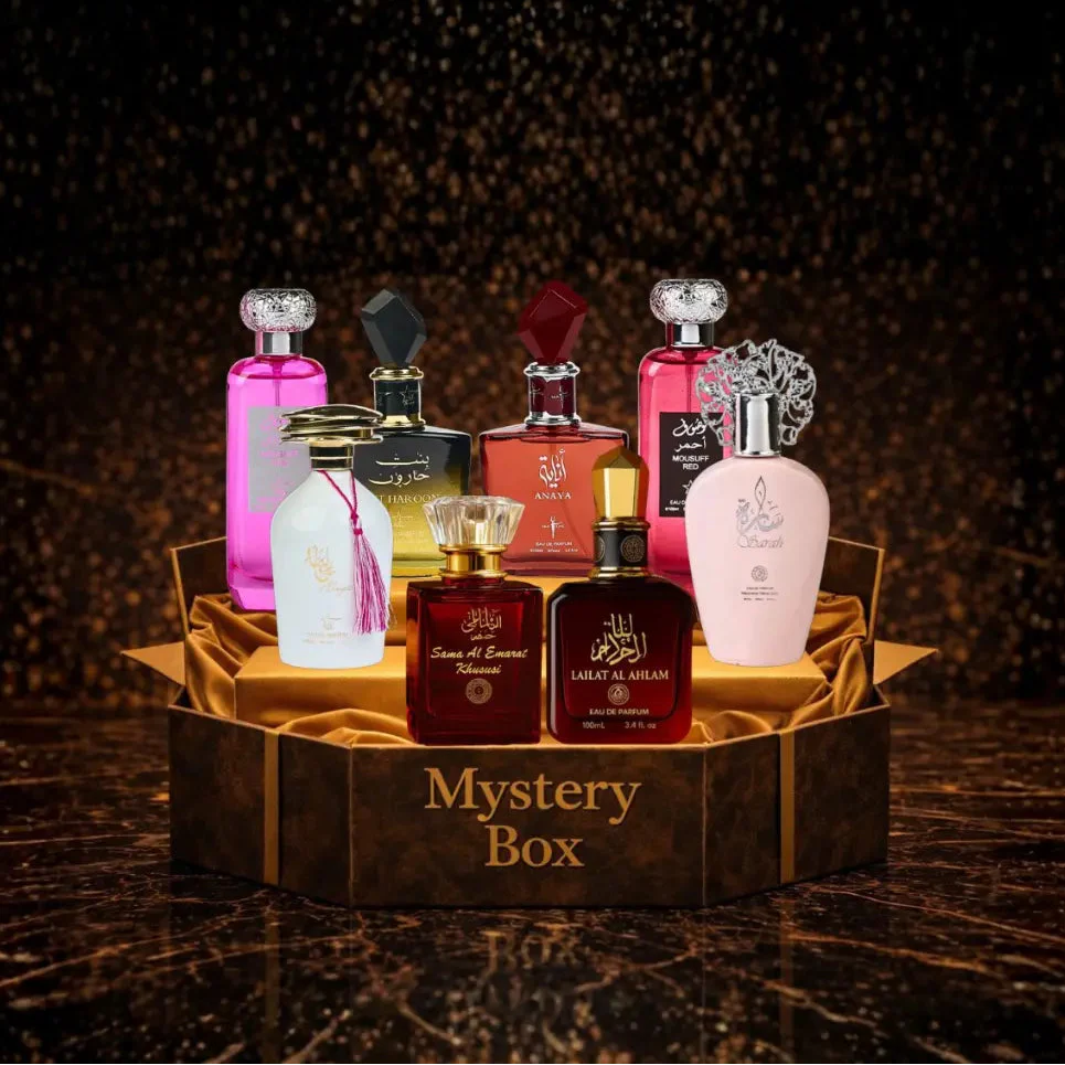 Zeira mystery box with 8 top Arabest women perfumes, includes free shipping, shown with assorted perfume bottles on a white background.