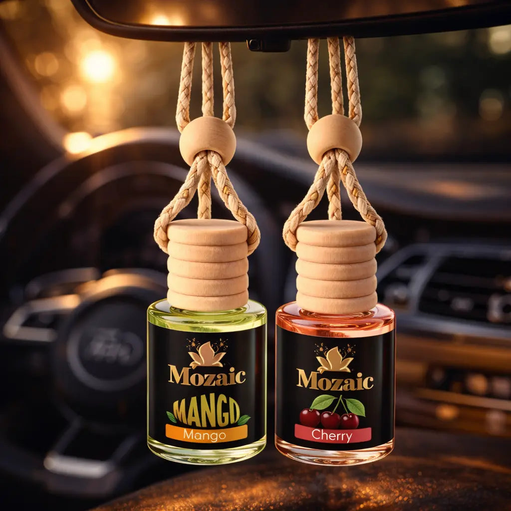 Set of 2 ZEIRA auto odorizer sprays with mango and cherry scents, featuring sleek bottles for fresh car interiors.
