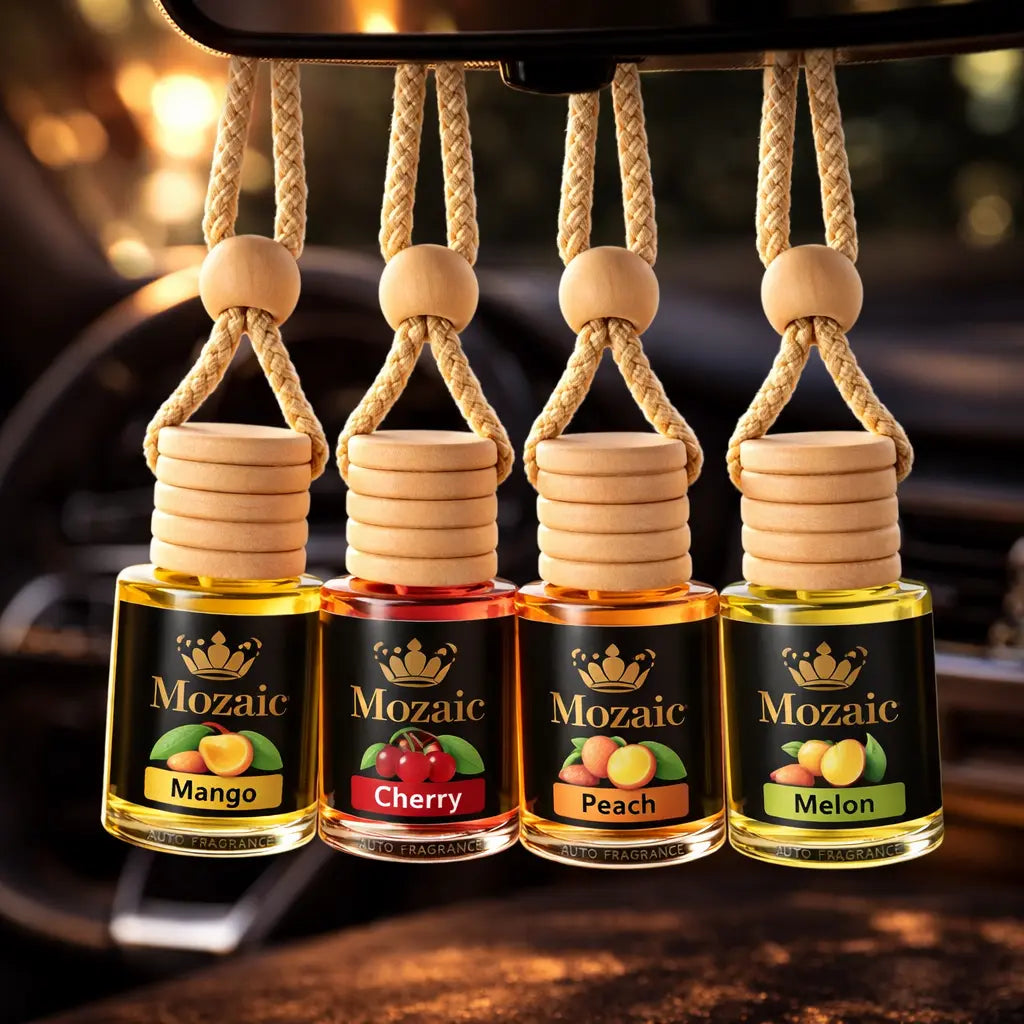 Set of four ZEIRA auto odorizer air fresheners with peach, cherry, mango, and melon scents for cars.
