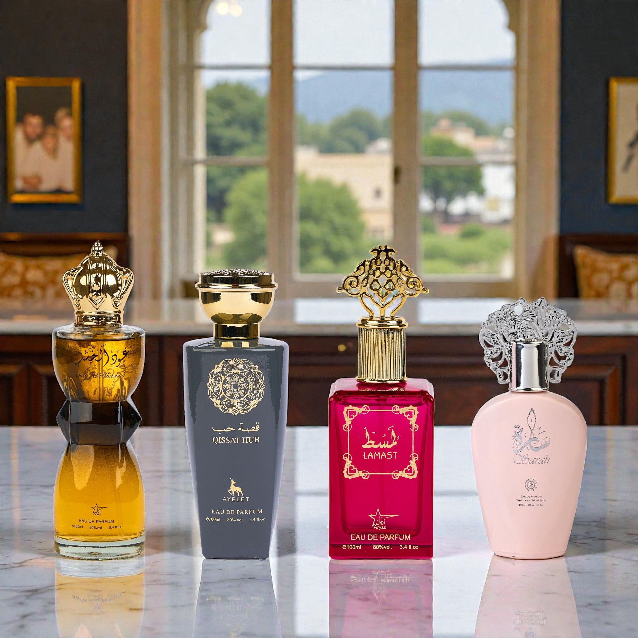 Set 4 parfumuri orientale - (2x dama + 2x barbati) Oud al khashab + Qissat Hub Grey + Lamast + Sarah