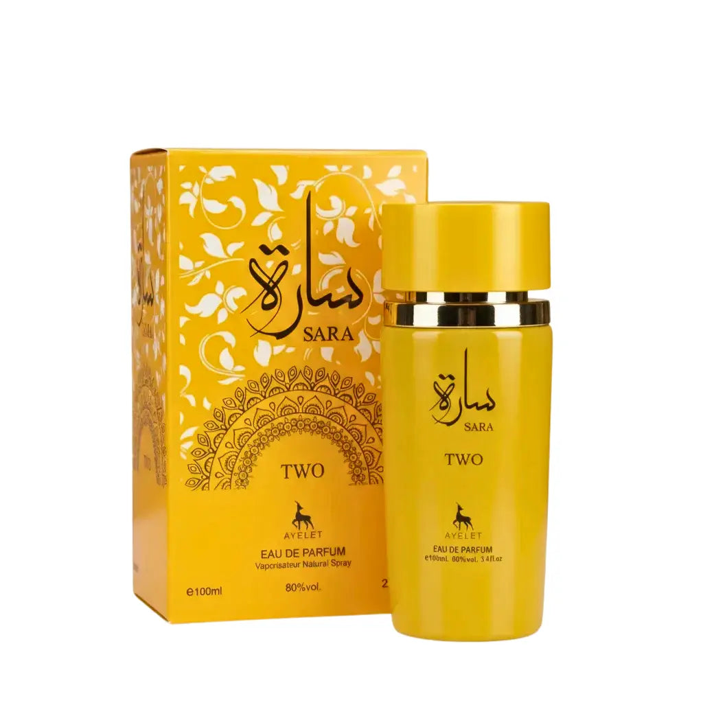 Set of two ZEIRA Oriental perfumes for women and men, featuring Sara Two and Al Maliki bottles on a sleek display.