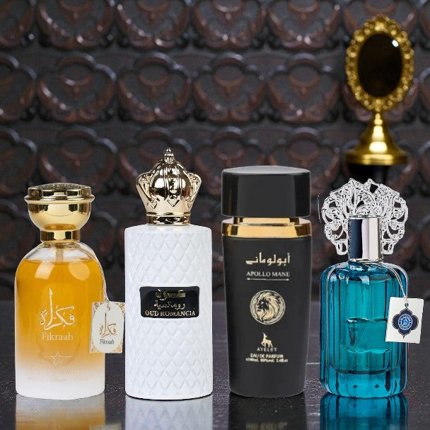 Set 4 parfumuri orientale - (2x dama + 2x barbati) Fikraah + Oud romancia + Apollo Mane Black + Majd al ameerat