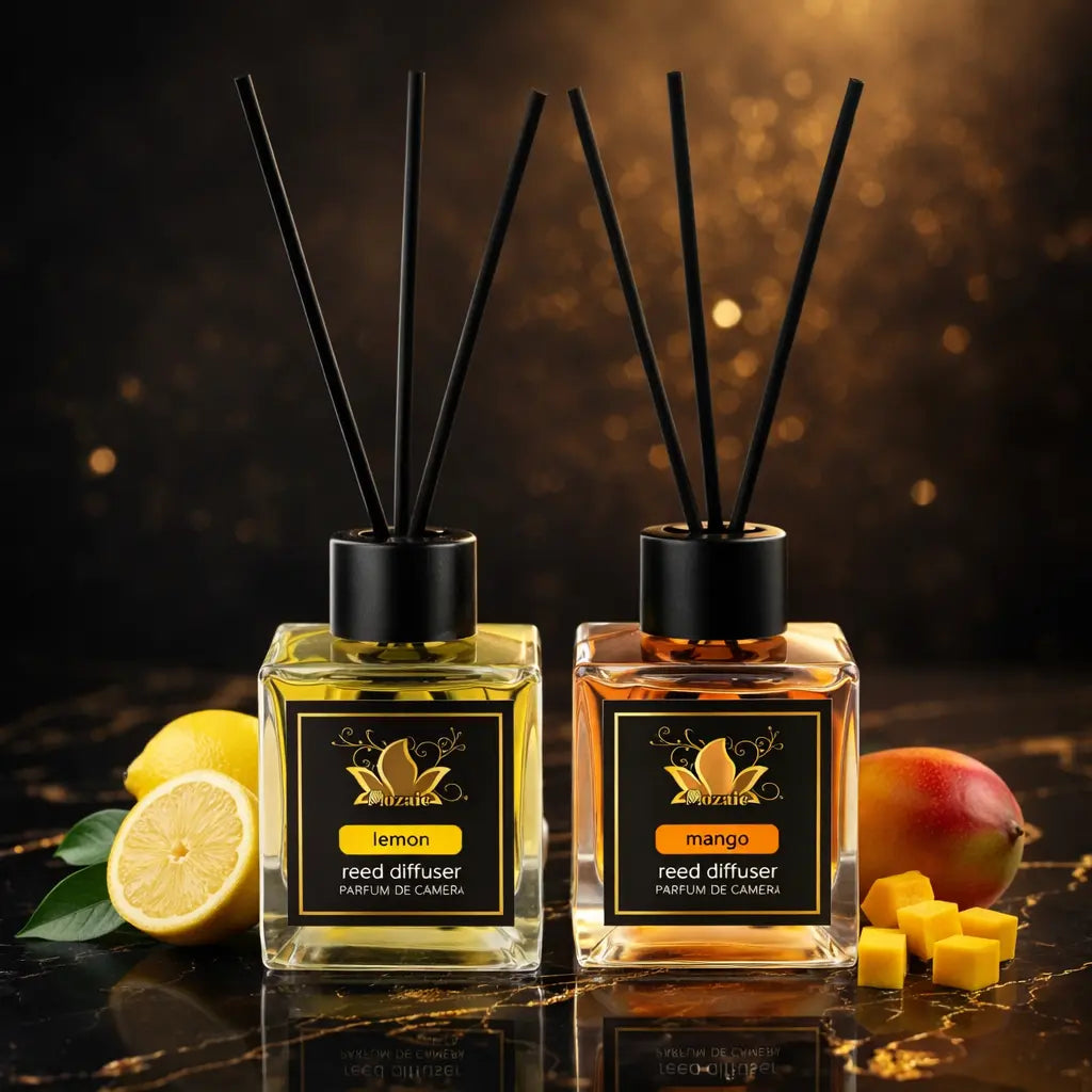 Set of 2 ZEIRA ambient perfumes featuring lemon and mango scents, shown in elegant bottles for home fragrance.