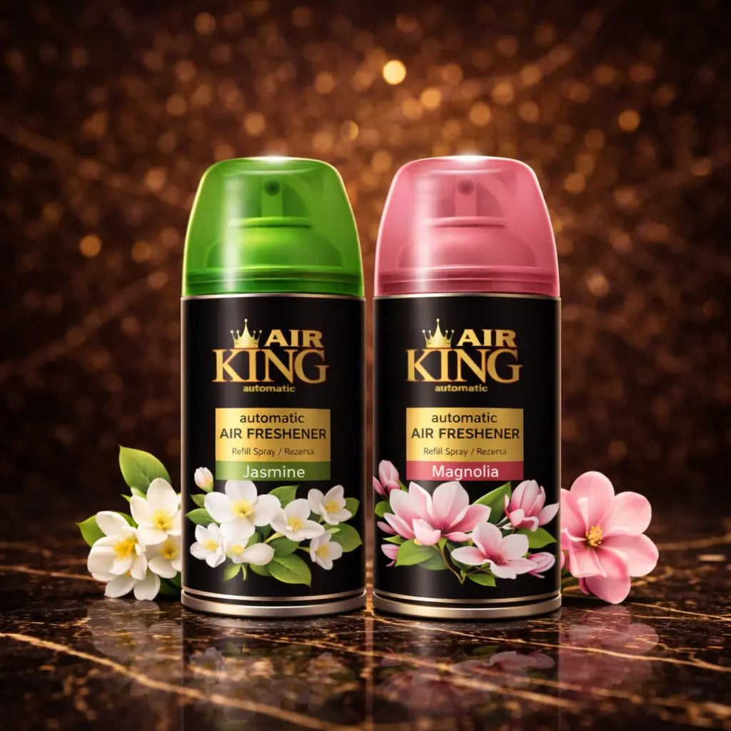 Set of two ZEIRA ambient sprays featuring jasmine and magnolia scents, with elegant glass bottles and floral labels.