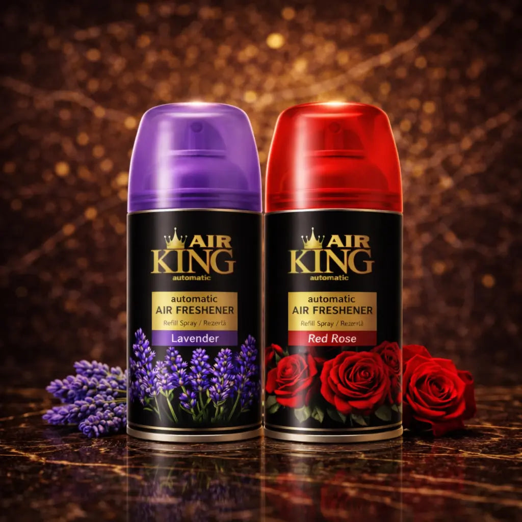 Set of two ZEIRA ambient sprays featuring lavender and red rose scents, shown in elegant bottles for home fragrance.