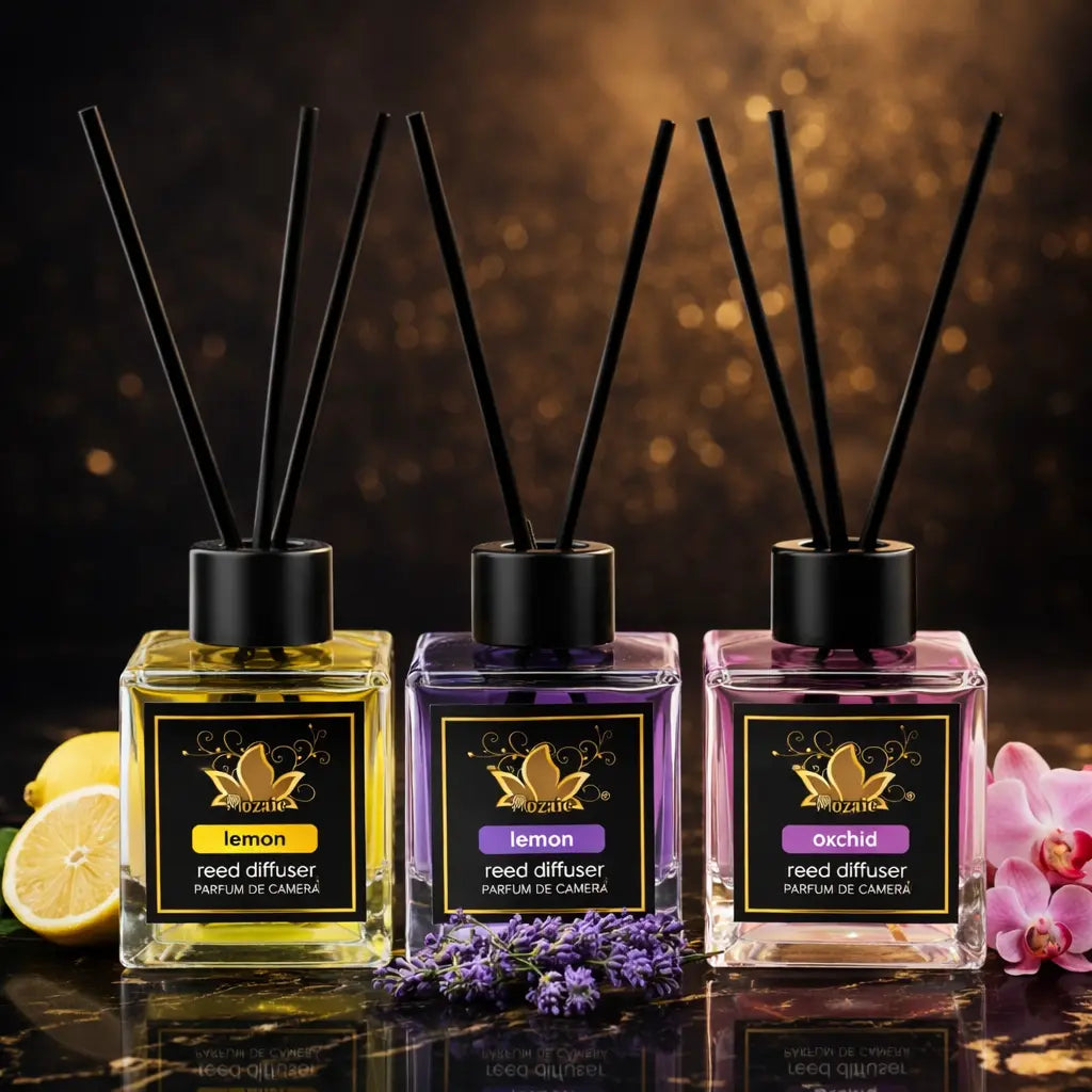 Set of three ZEIRA ambient perfumes with lemon, lavender, and orchid scents, displayed in elegant bottles for home fragrance.