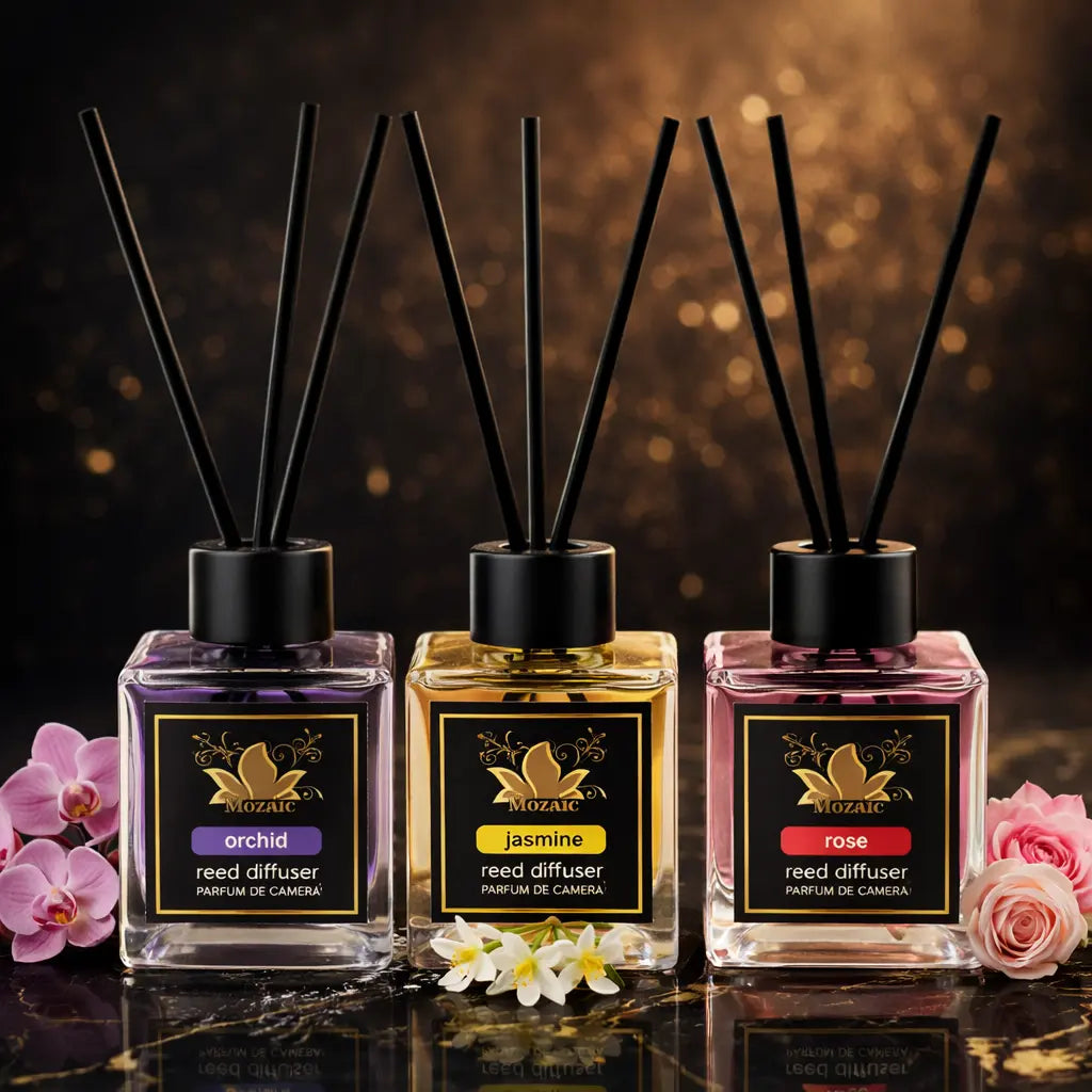 Set of three ZEIRA ambient perfumes featuring orchid, jasmine, and rose scents in elegant bottles.