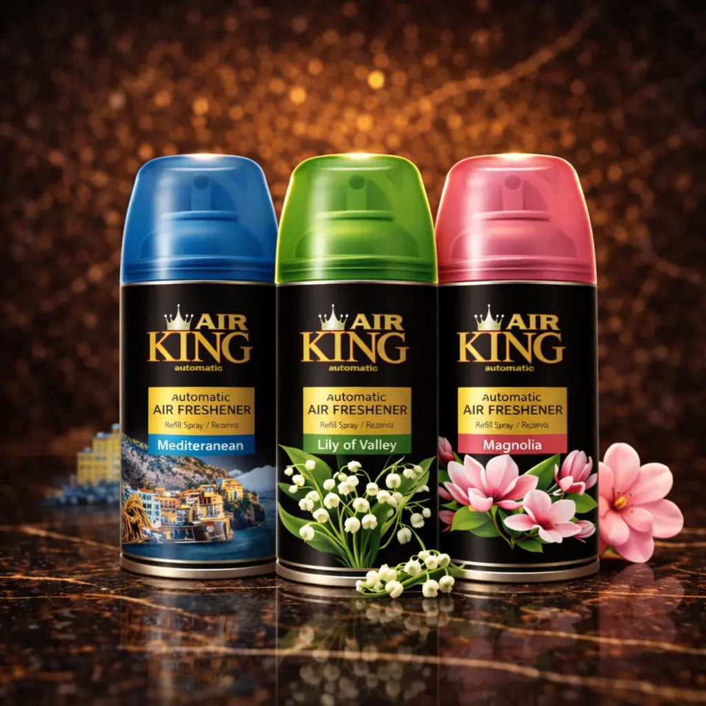Set of three ZEIRA ambient spray bottles featuring Mediterranean, lily of the valley, and magnolia scents with elegant packaging.