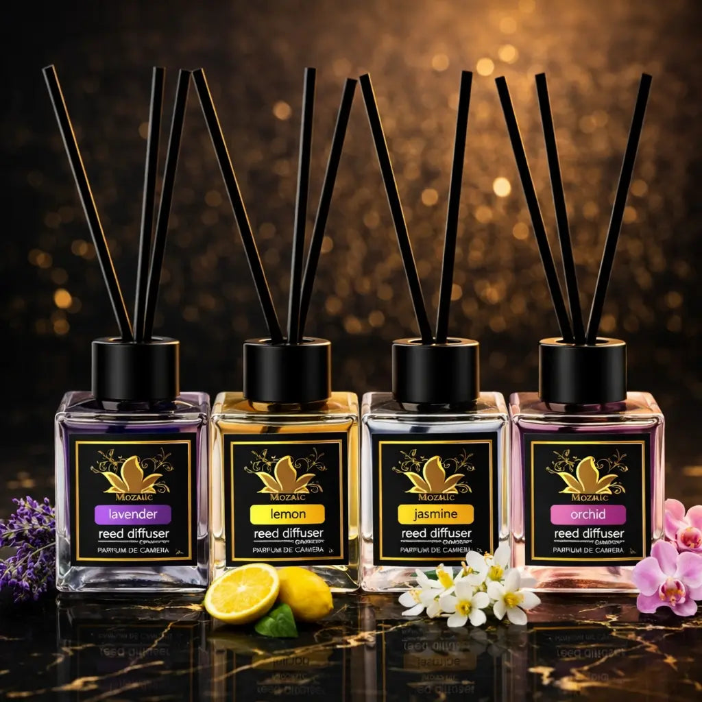 Set of four ZEIRA ambient fragrances featuring lemon, lavender, jasmine, and orchid scent diffusers in elegant bottles.