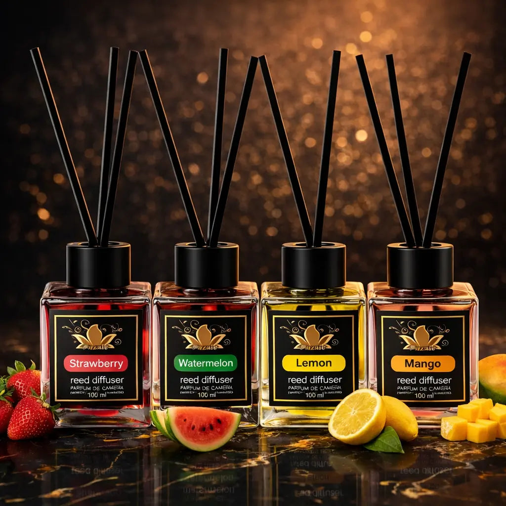Set of four ZEIRA ambient perfumes with strawberry, watermelon, lemon, and mango scents in decorative bottles.