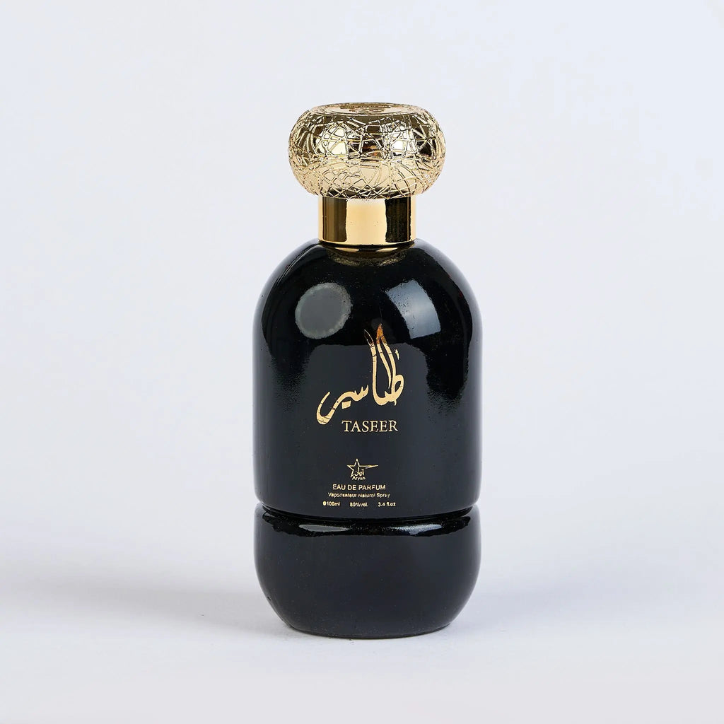 Set of four oriental men's perfumes featuring Taseer, Tahir, Qannas Black, and Malik Al Lail by ZEIRA, displayed in elegant bottles.