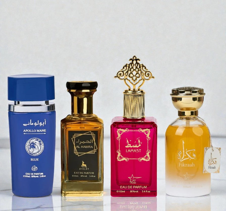 Set 4 parfumuri orientale (2x dama + 2x barbati) Apollo mane blue + Al hamra + Lamast + Fikraah