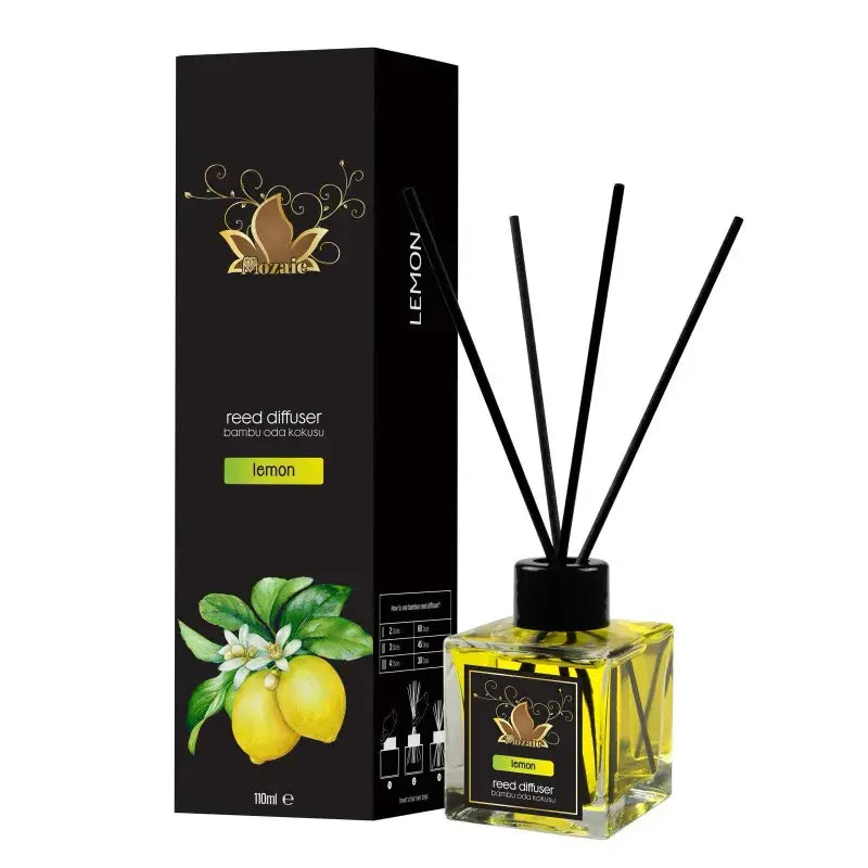 Set of 4 ZEIRA ambient perfumes with Lemon, Strawberry, Watermelon, and Mango scents in 110ml reed diffuser bottles.