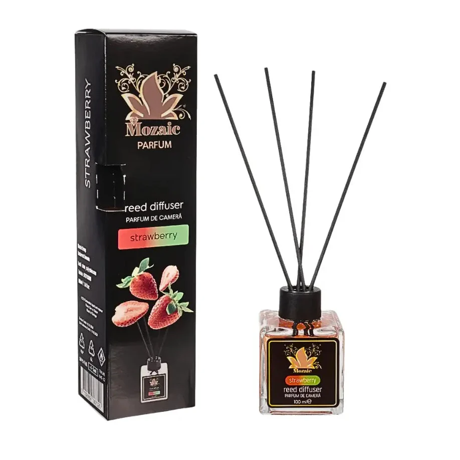 Set of four ZEIRA ambient perfumes featuring strawberry, watermelon, lemon, and mango scents in decorative bottles.