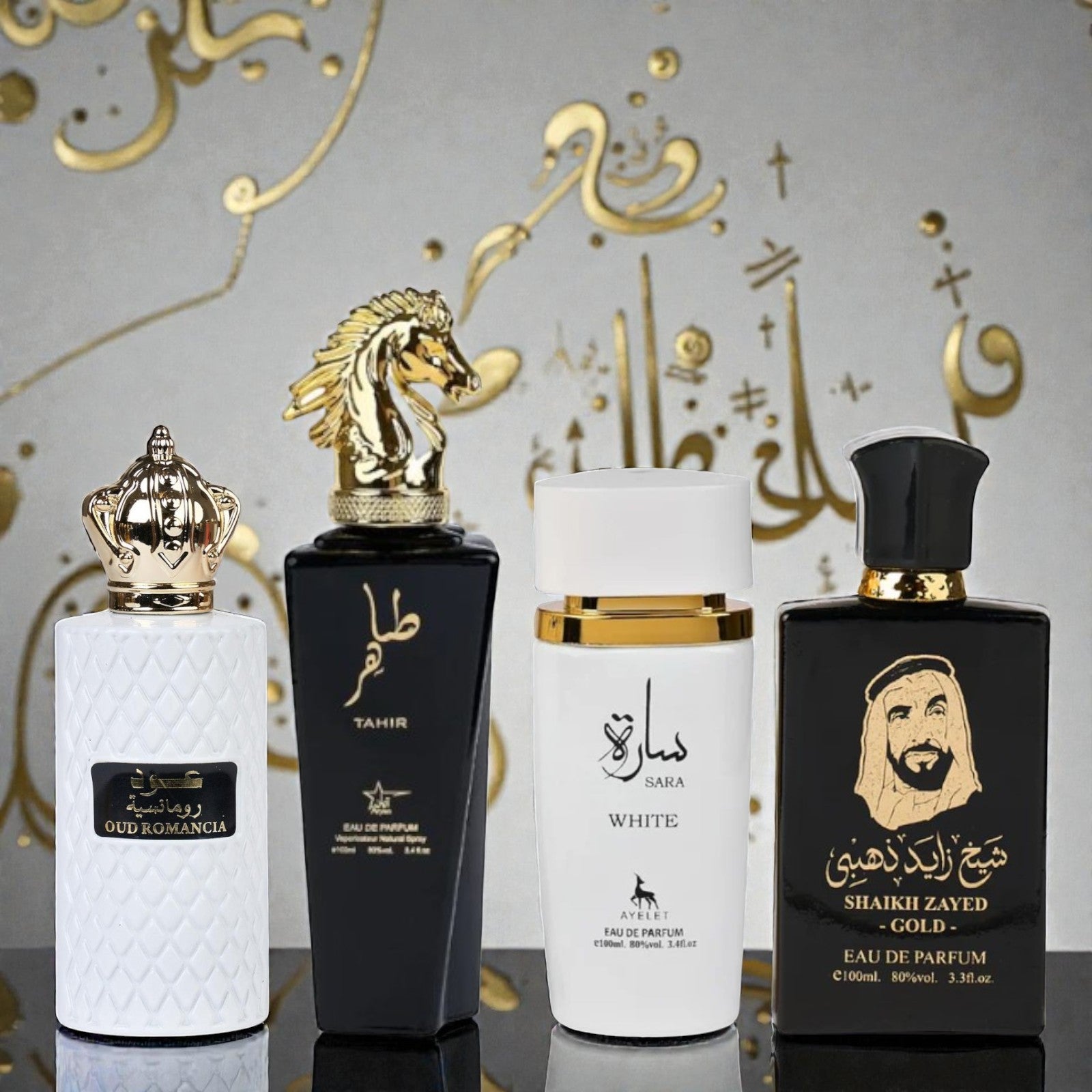 Set 4 parfumuri orientale ( 2x dama + 2x barbati) - Oud romancia + Tahir + Sara white + Sheik Zayed gold