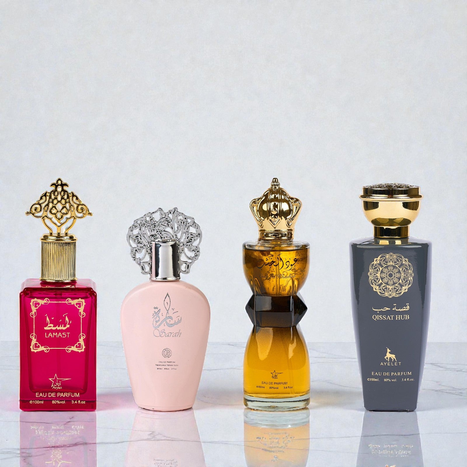 Set 4 parfumuri orientale - (2x dama + 2x barbati) Lamast + Sarah + Oud al khashab + Qissat hub grey